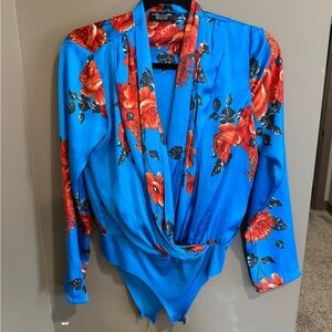 Zara Blue and Red silky Floral Bodysuit